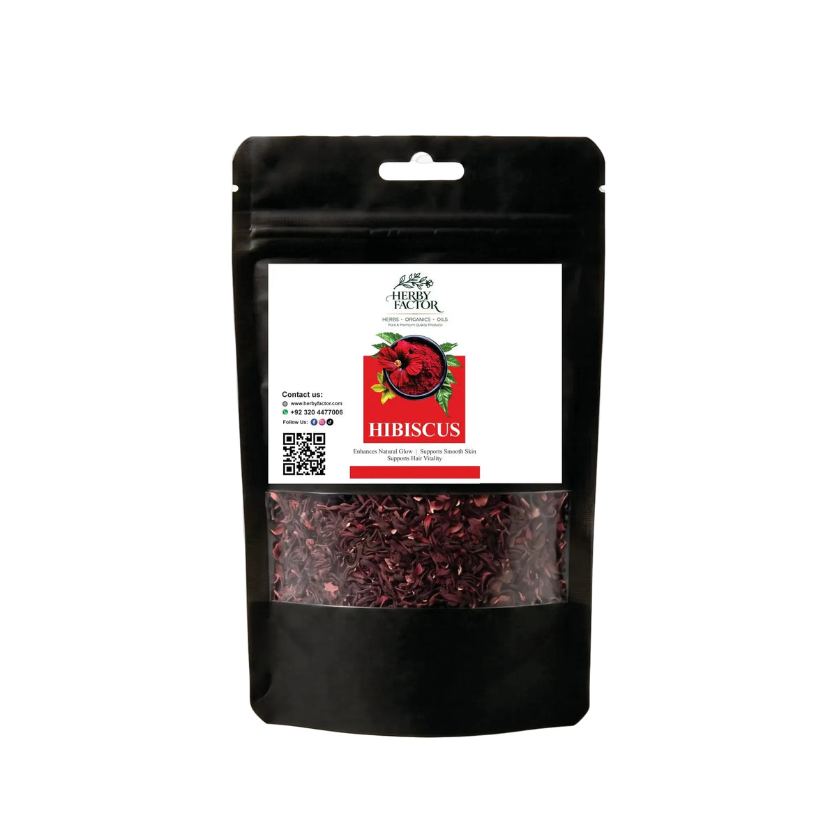 A black stand-up pouch of Hibiscus tea with a white label showing the brand 'Liberty Herbs' and a clear window displaying the dried hibiscus flowers inside.