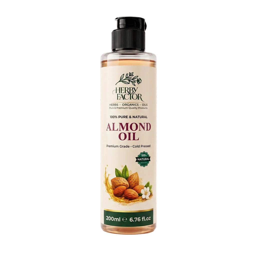 A 200ml bottle of Herby Factor Almond Oil with a black pump cap and a cream-colored label featuring almonds and green leaves, set against a plain white background.
