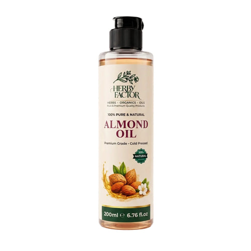A 200ml bottle of Herby Factor Almond Oil with a black pump cap and a cream-colored label featuring almonds and green leaves, set against a plain white background.