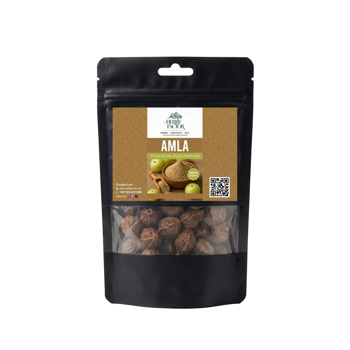 Black stand-up window pouch package displaying pure Dried Amla Phyllanthus emblica Indian Gooseberry by Herby Factor Pakistan