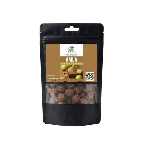 Black stand-up window pouch package displaying pure Dried Amla Phyllanthus emblica Indian Gooseberry by Herby Factor Pakistan
