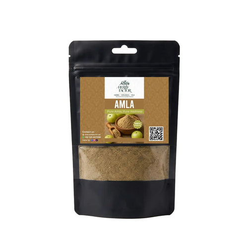 Black stand-up window pouch package displaying pure raw Dried Amla Powder Phyllanthus emblica Indian Gooseberry by Herby Factor Pakistan