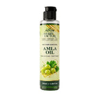 A 100ml bottle of Herby Factor Amla Oil, featuring a black flip-top cap and a light green label with illustrations of green amla fruits, set against a plain white background.