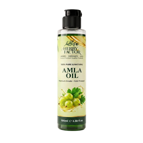 A 100ml bottle of Herby Factor Amla Oil, featuring a black flip-top cap and a light green label with illustrations of green amla fruits, set against a plain white background.