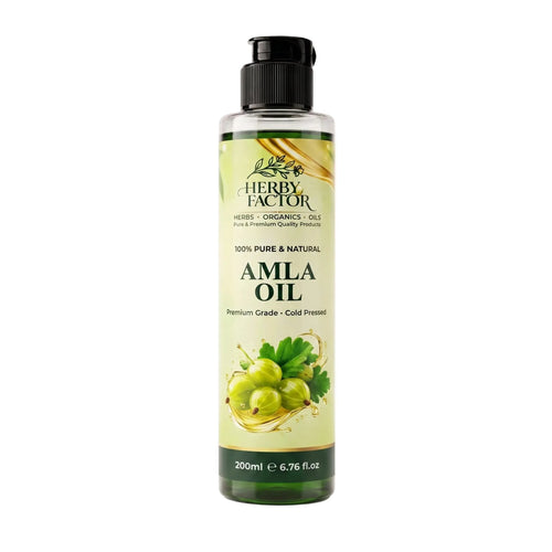 A bottle of Herby Factor Amla Oil, 200ml, featuring a black cap and a light green label with illustrations of green amla fruits.