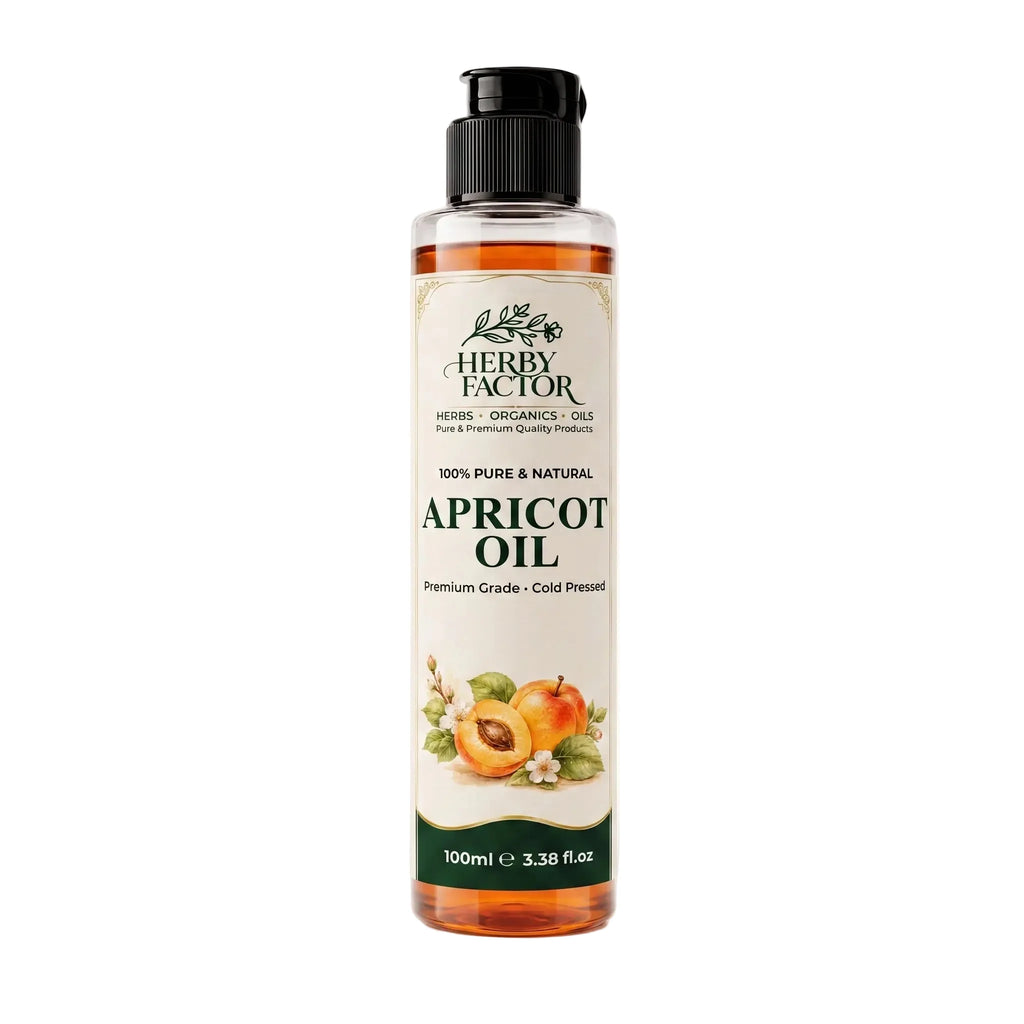 A 100ml bottle of Herby Factor Apricot Oil with a black pump cap and a cream-colored label featuring apricot illustrations, set against a plain white background.