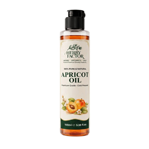 A 100ml bottle of Herby Factor Apricot Oil with a black pump cap and a cream-colored label featuring apricot illustrations, set against a plain white background.