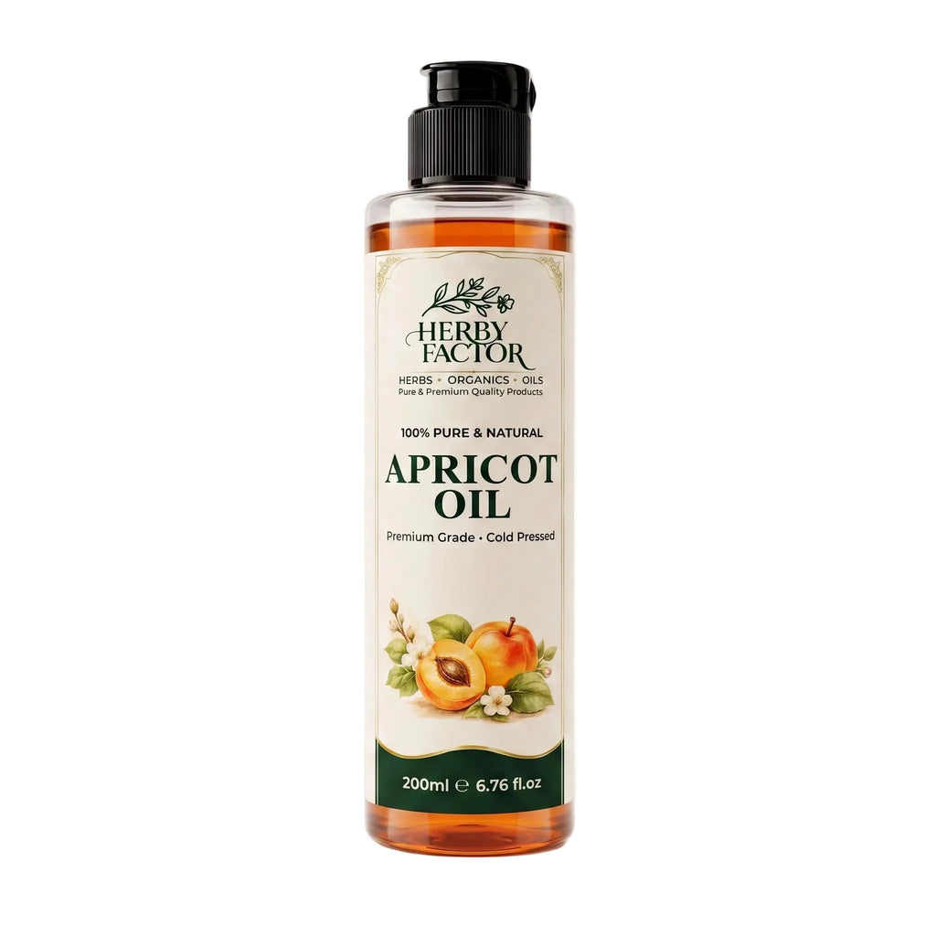 A 200ml bottle of Herby Factor Apricot Oil with a black pump cap and a cream-colored label featuring apricot illustrations, set against a plain white background.