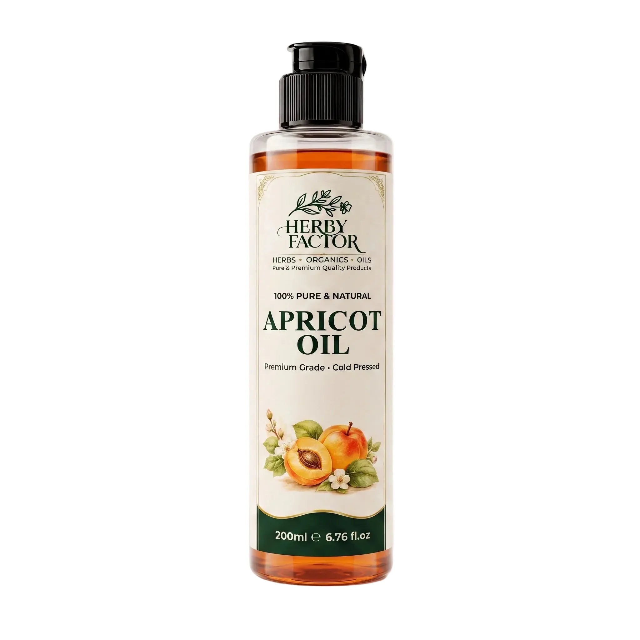 A 200ml bottle of Herby Factor Apricot Oil with a black pump cap and a cream-colored label featuring apricot illustrations, set against a plain white background.