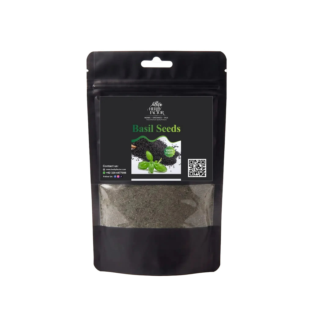 Black stand-up window pouch package displaying pure raw Basil Seeds Powder Ocimum basilicum Tukhmaria by Herby Factor Pakistan