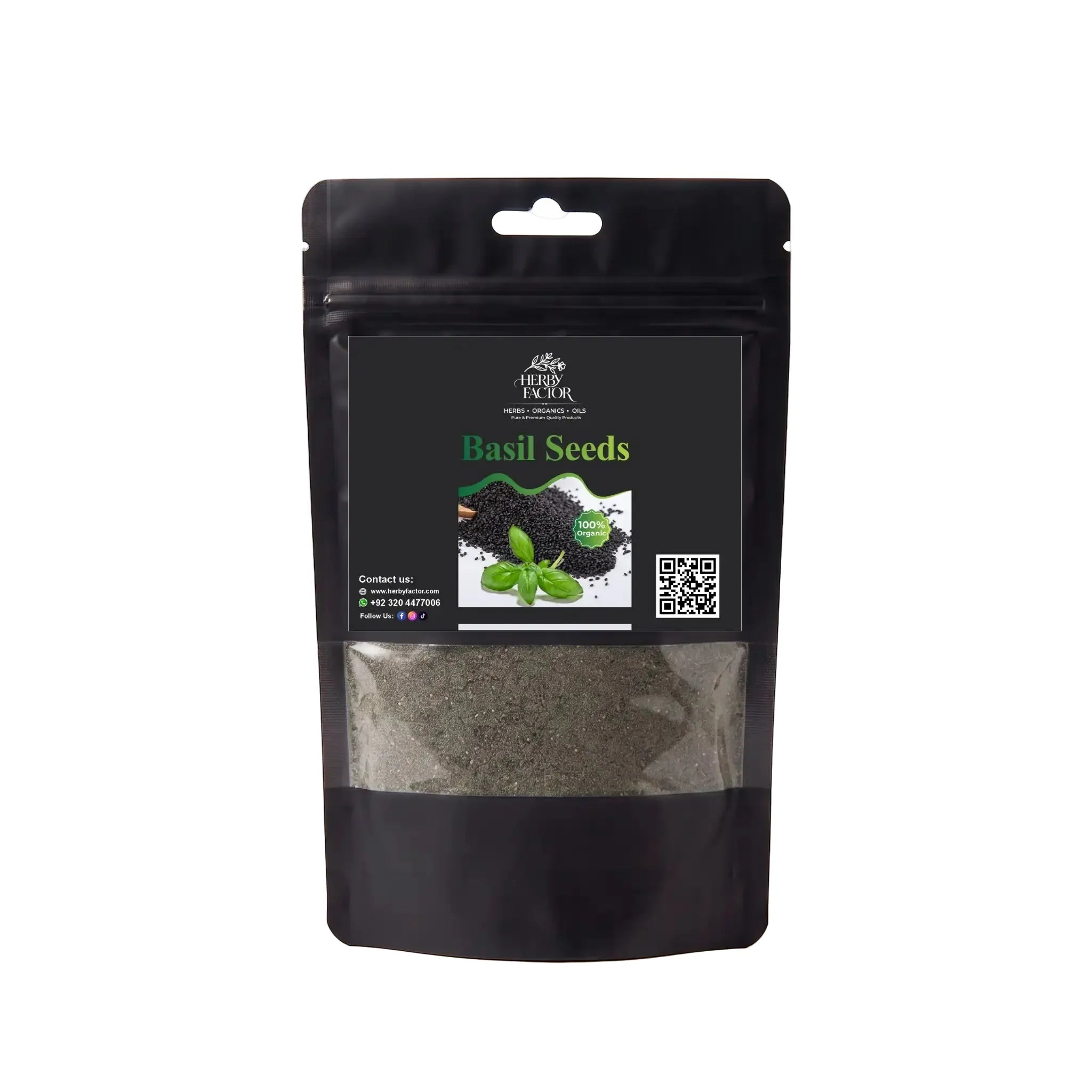 Black stand-up window pouch package displaying pure raw Basil Seeds Powder Ocimum basilicum Tukhmaria by Herby Factor Pakistan