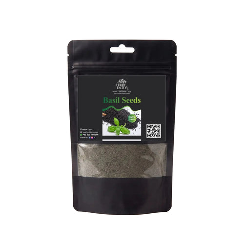 Black stand-up window pouch package displaying pure raw Basil Seeds Powder Ocimum basilicum Tukhmaria by Herby Factor Pakistan