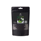 Black stand-up window pouch package displaying pure raw Basil Seeds Ocimum basilicum Tukhmaria by Herby Factor Pakistan