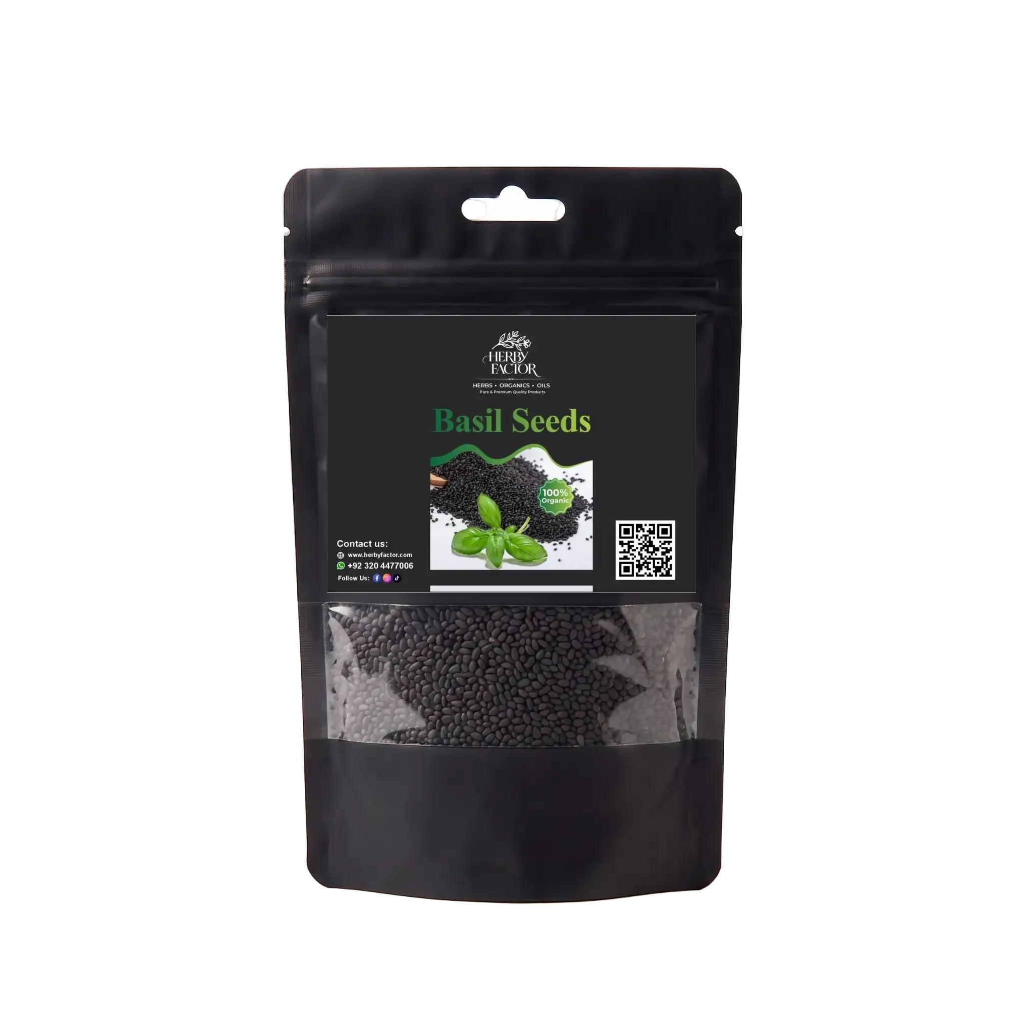 Black stand-up window pouch package displaying pure raw Basil Seeds Ocimum basilicum Tukhmaria by Herby Factor Pakistan