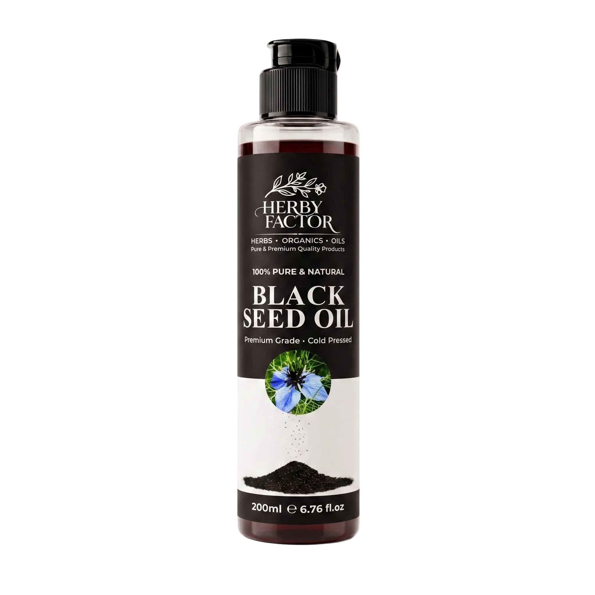 A 200 ml bottle of Herby Factor Black Seed Oil on a clean white background. The bottle is clear plastic showing the dark black seed oil inside, topped with a black flip-top cap.