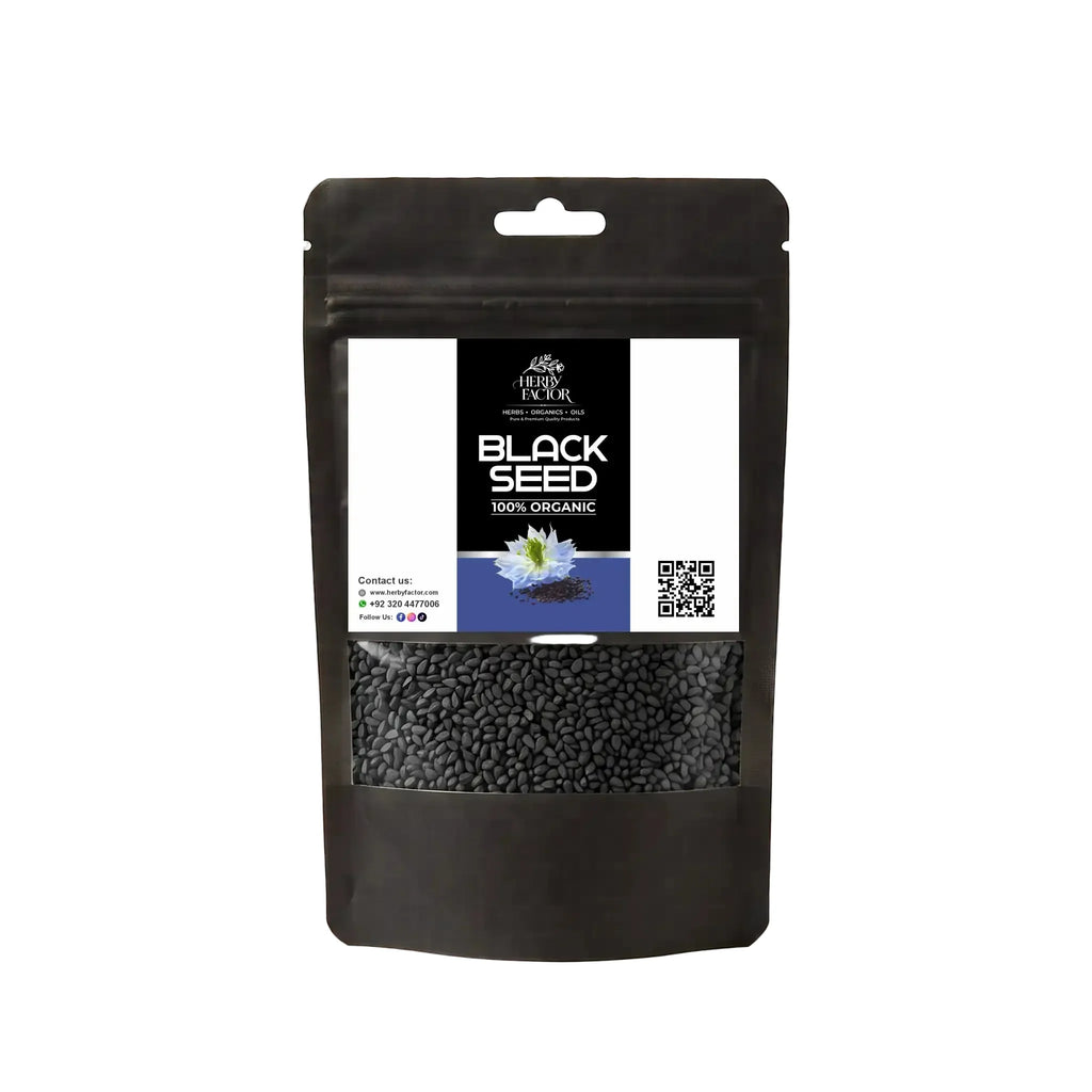Black stand-up window pouch package displaying pure raw Black Seeds Nigella sativa Kalonji by Herby Factor Pakistan
