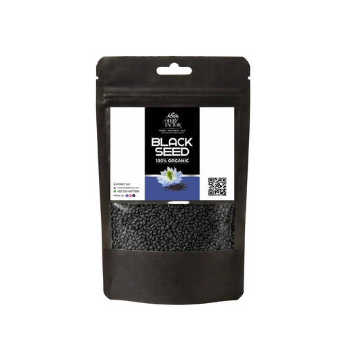 Black stand-up window pouch package displaying pure raw Black Seeds Nigella sativa Kalonji by Herby Factor Pakistan
