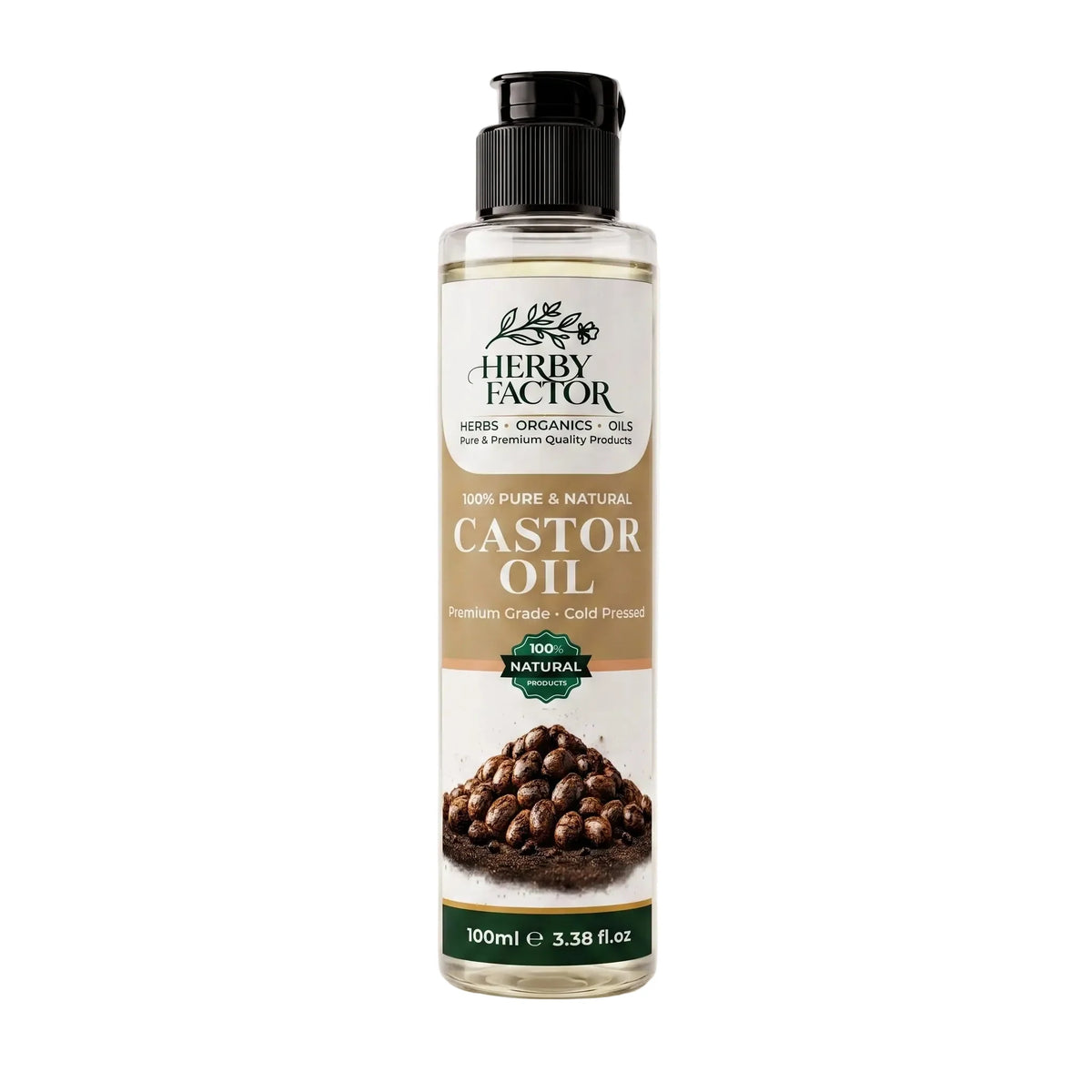 A 100ml bottle of Herby Factor Castor Oil, Ricinus Communis, Roghan e Arandi 100% pure and natural, featuring a black flip-top cap, clear bottle showing the oil inside, and a label with brown and white sections and a castor seed illustration and white background in pakistan.