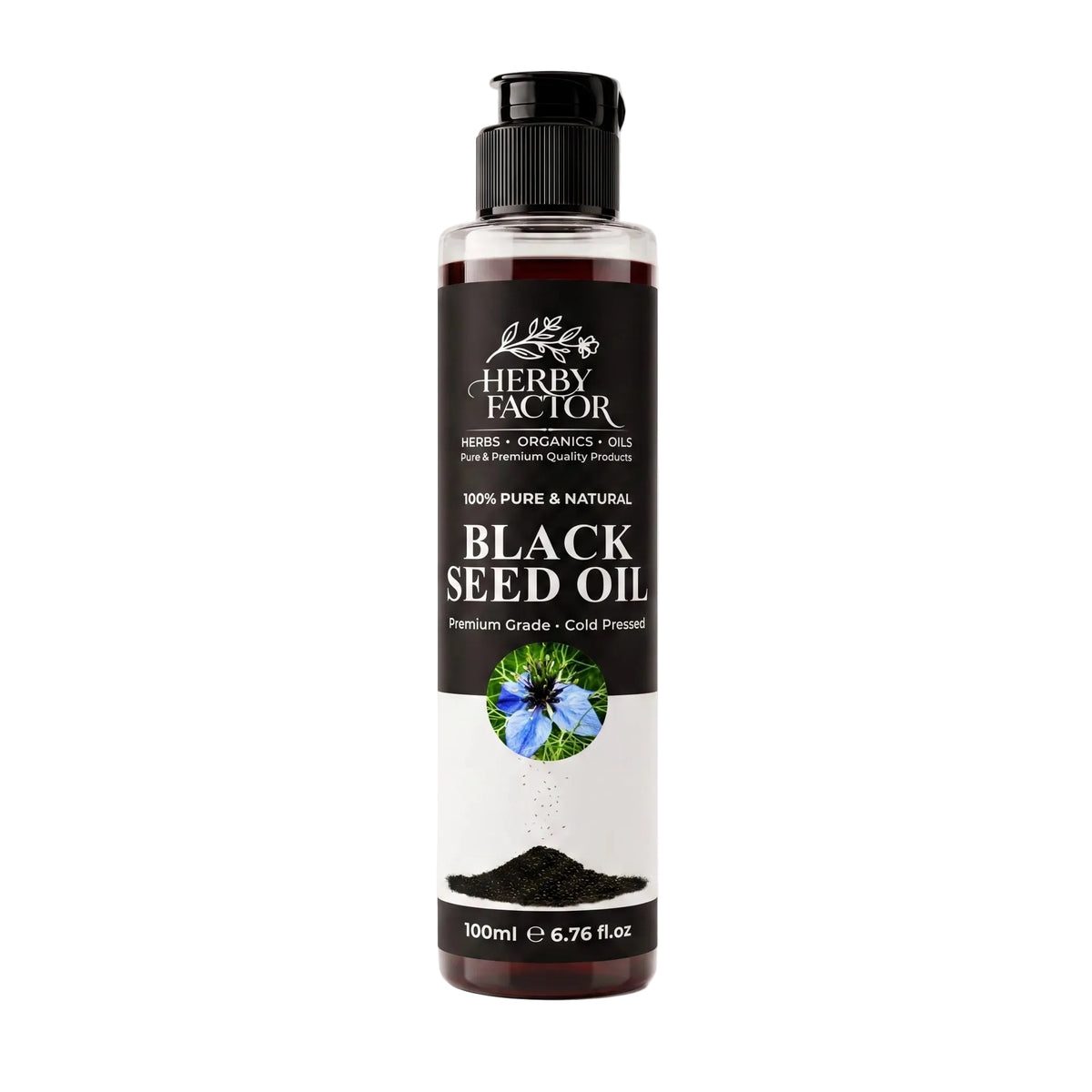 A 100ml bottle of Herby Factor Black Seed Oil on a clean white background. The bottle is clear plastic with a black flip-top cap, showing the dark oil inside.