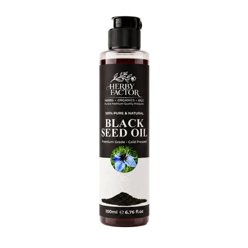 A 100ml bottle of Herby Factor Black Seed Oil on a clean white background. The bottle is clear plastic with a black flip-top cap, showing the dark oil inside.