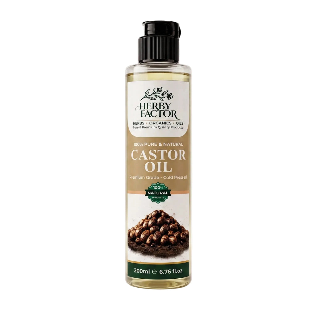 A 200ml bottle of Herby Factor Castor Oil, Ricinus Communis, Roghan e Arandi 100% pure and natural, featuring a black flip-top cap, clear bottle showing the oil inside, and a label with brown and white sections and a castor seed illustration and white background in pakistan.