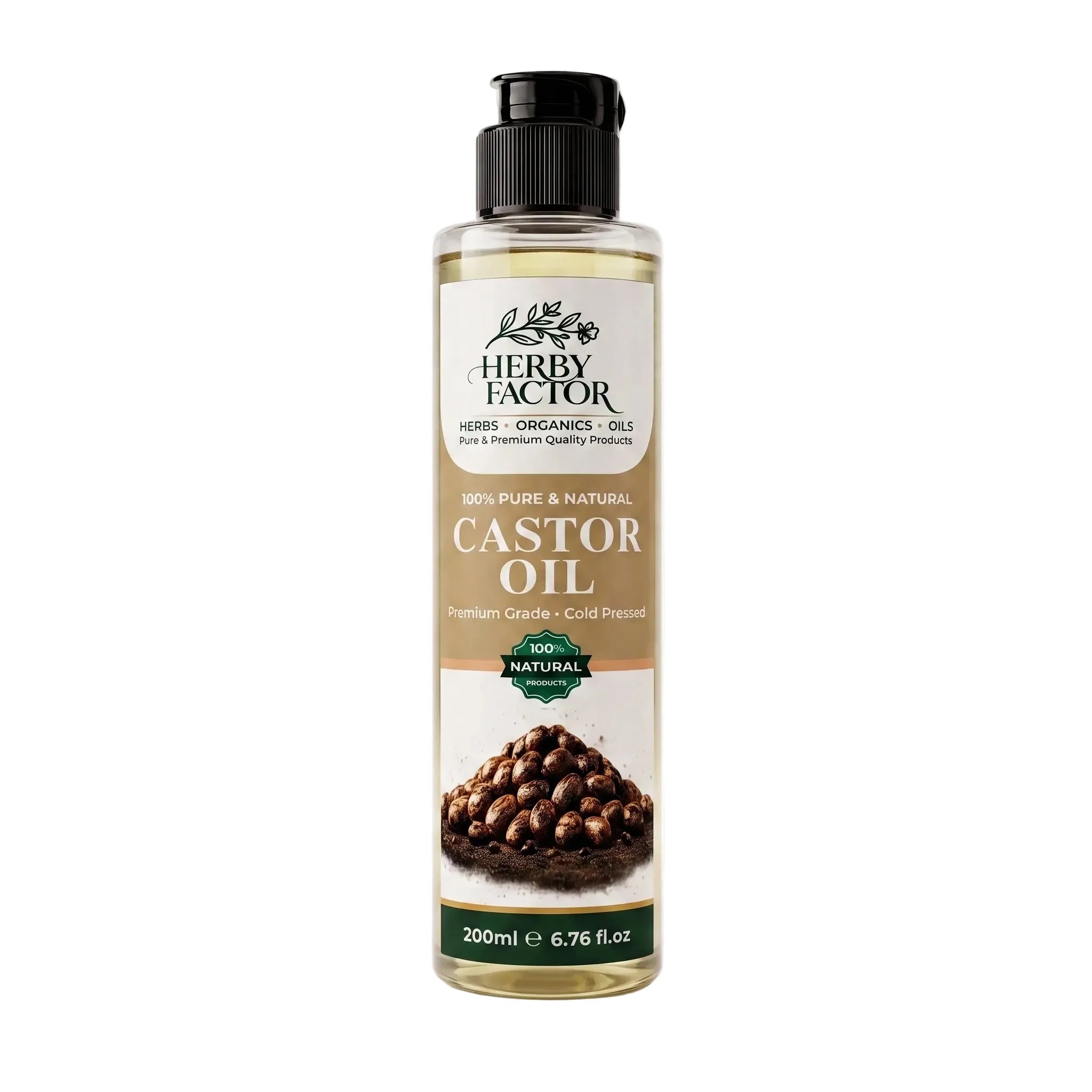 A 200ml bottle of Herby Factor Castor Oil, Ricinus Communis, Roghan e Arandi 100% pure and natural, featuring a black flip-top cap, clear bottle showing the oil inside, and a label with brown and white sections and a castor seed illustration and white background in pakistan.