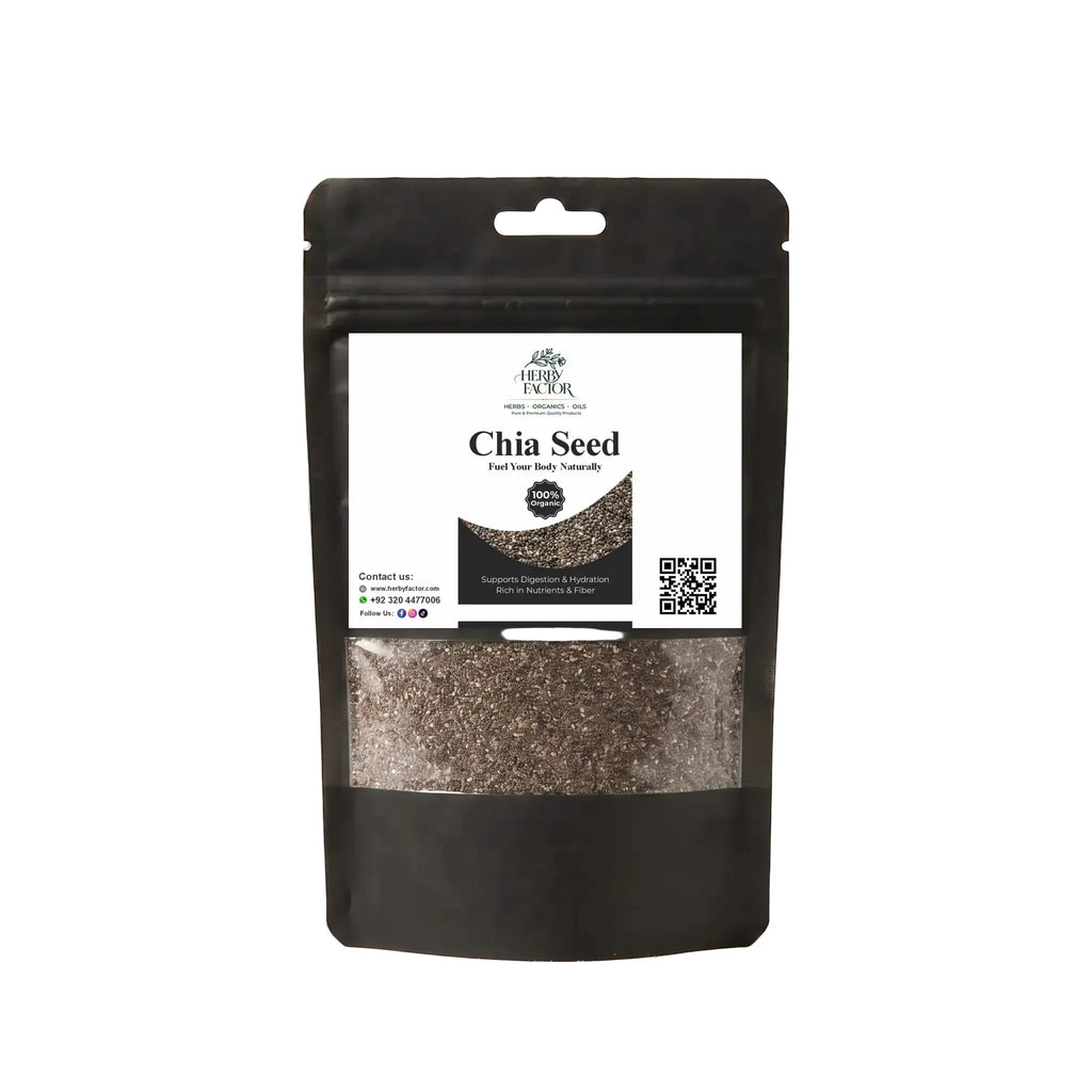 Black stand-up window pouch package displaying pure raw Chia Seeds Salvia hispanica Tukhm-e-Chia by Herby Factor Pakistan