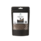 Black stand-up window pouch package displaying pure raw Chia Seeds Salvia hispanica Tukhm-e-Chia by Herby Factor Pakistan
