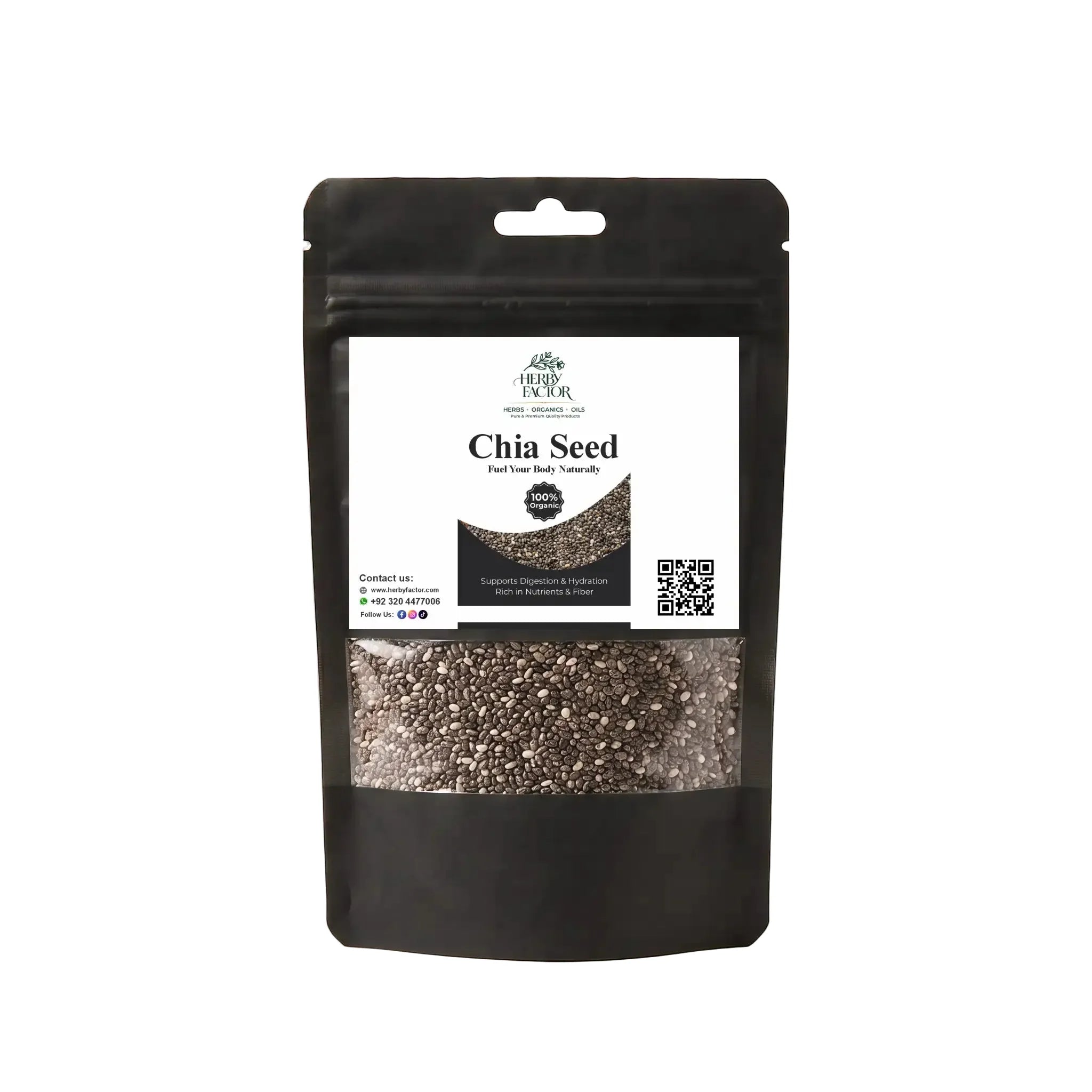 Black stand-up window pouch package displaying pure raw Chia Seeds Salvia hispanica Tukhm-e-Chia by Herby Factor Pakistan