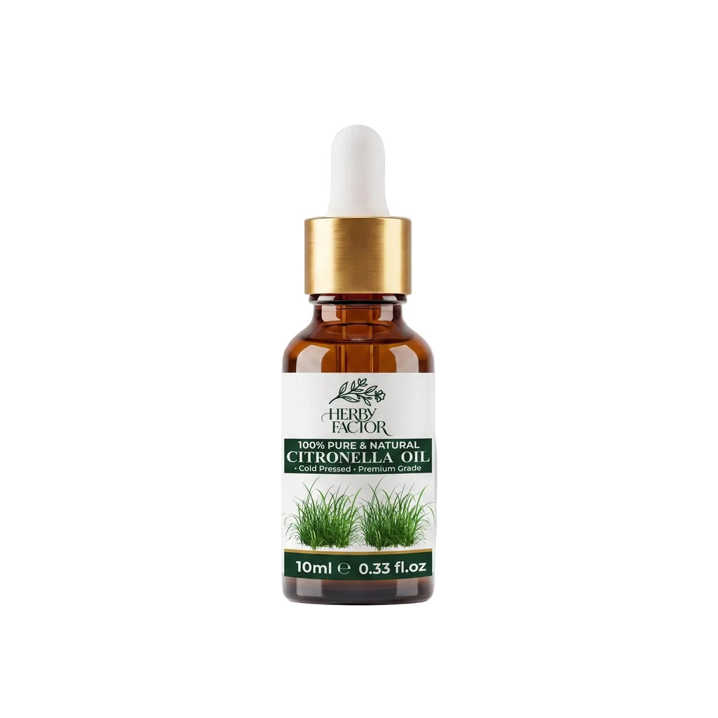 10ml dropper bottle of pure premium steam-distilled Citronella Essential Oil Cymbopogon Nardus Roghan e Taranjeel by Herby Factor Pakistan