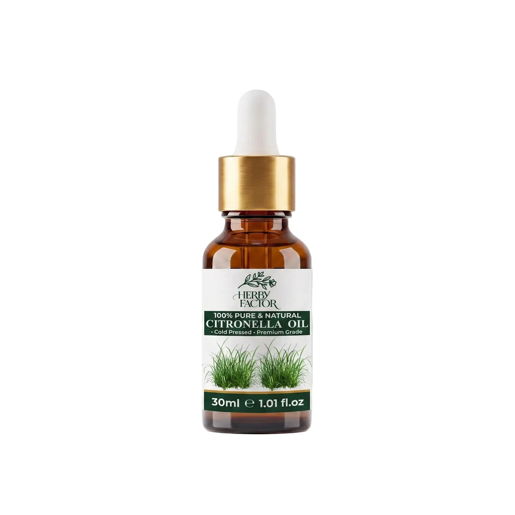 30ml dropper bottle of pure premium steam-distilled Citronella Essential Oil Cymbopogon Nardus Roghan e Taranjeel by Herby Factor Pakistan