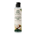 A 100ml bottle of Herby Factor Coconut Oil, Cocos Nucifera Roghan e Naryal 100% pure and natural, featuring a black pump cap and a cream-colored label with green accents and a coconut illustration, set against a plain white background.