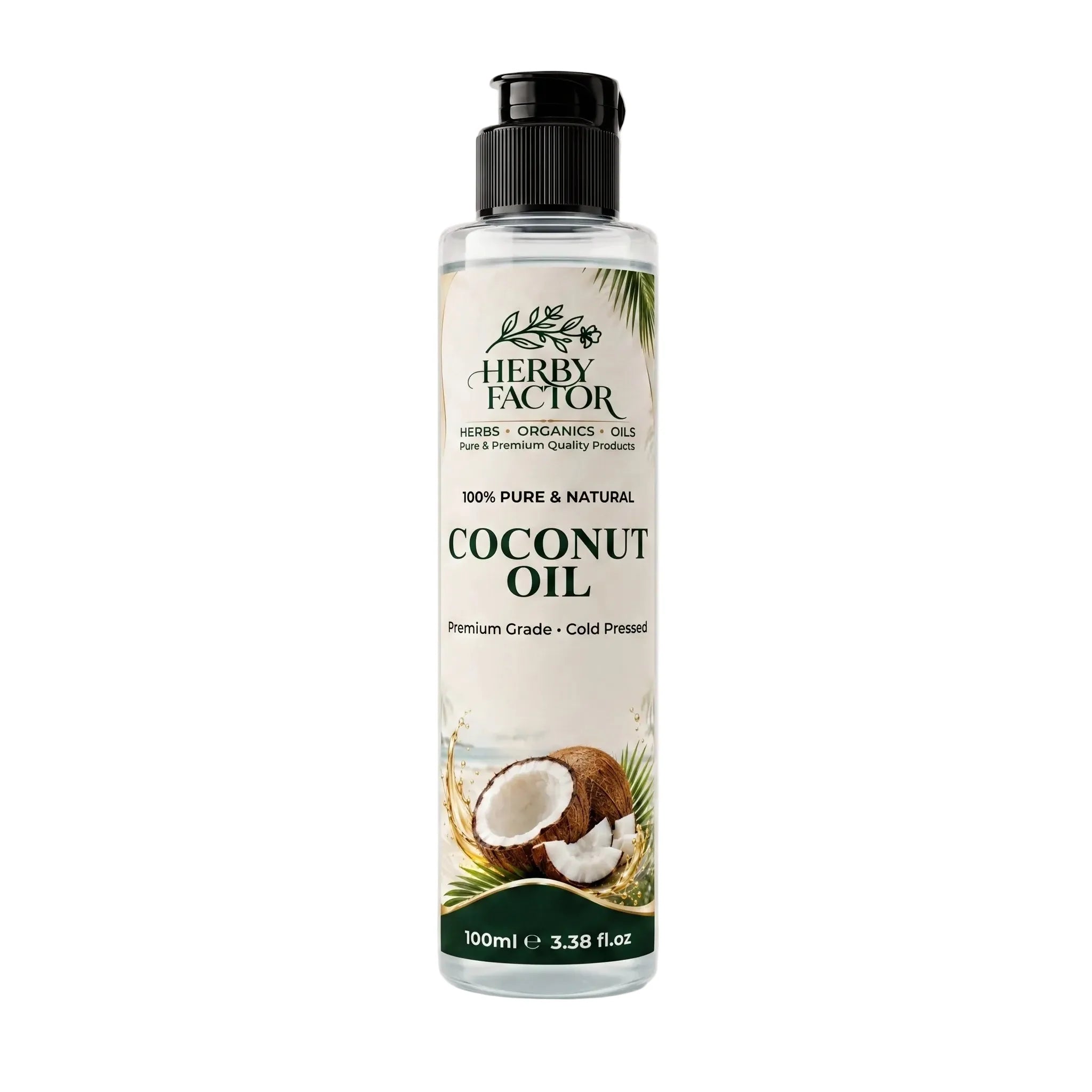 A 100ml bottle of Herby Factor Coconut Oil, Cocos Nucifera Roghan e Naryal 100% pure and natural, featuring a black pump cap and a cream-colored label with green accents and a coconut illustration, set against a plain white background.