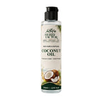 A 200ml bottle of Herby Factor Coconut Oil, Cocos Nucifera Roghan e Naryal 100% pure and natural, featuring a black pump cap and a cream-colored label with green accents and a coconut illustration, set against a plain white background.