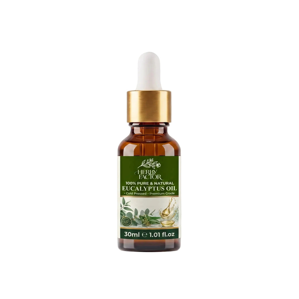 30ml dropper bottle of pure premium steam-distilled Eucalyptus Essential Oil Eucalyptus Globulus Roghan e Sufeda by Herby Factor Pakistan