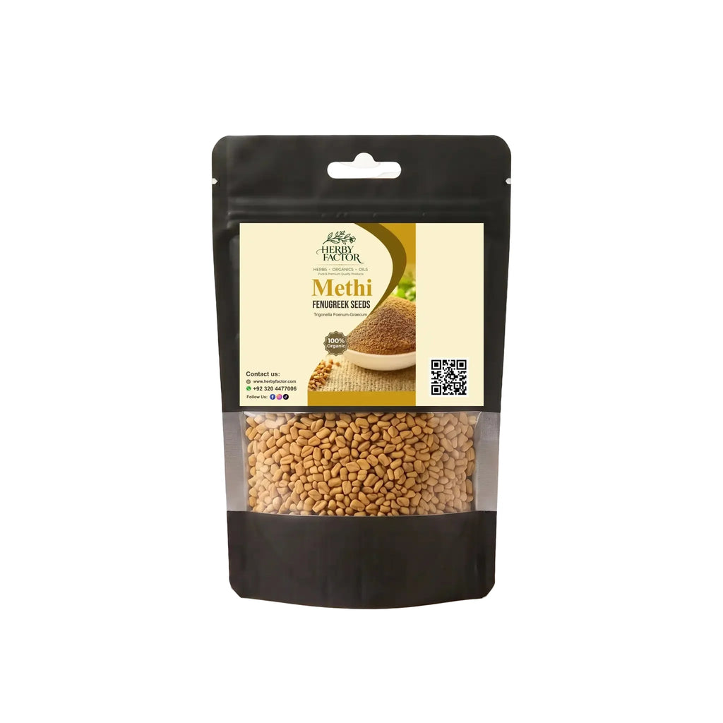 A black stand-up window pouch of pure raw Fenugreek Seeds Trigonella foenum-graecum Methi Dana by Herby Factor Pakistan with white background