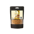 A black stand-up window pouch of pure raw Fenugreek Seeds Trigonella foenum-graecum Methi Dana by Herby Factor Pakistan with white background