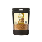 A black stand-up window pouch of pure raw Fenugreek Seeds Trigonella foenum-graecum Methi Dana by Herby Factor Pakistan with white background