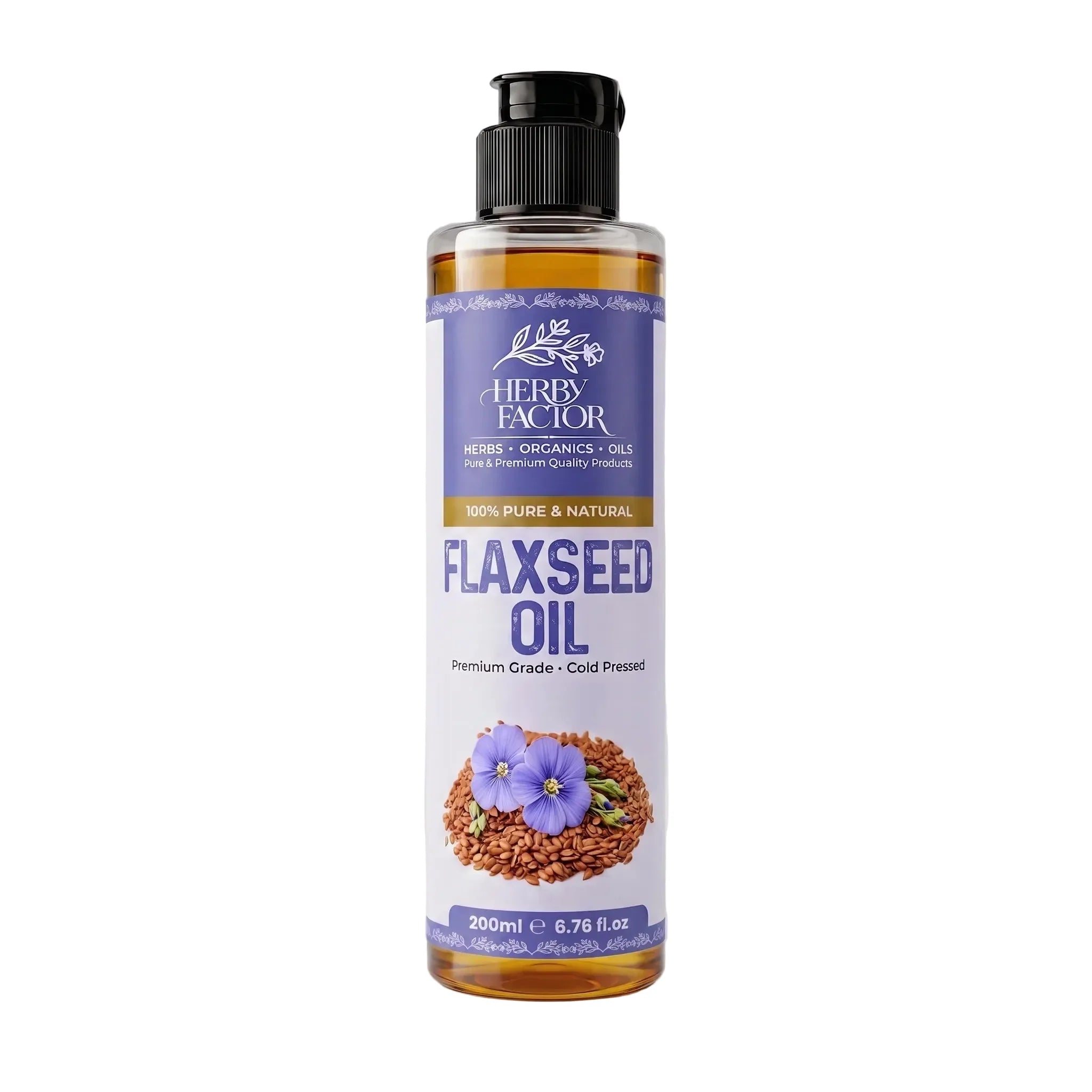 A 200ml bottle of Herby Factor Flaxseed Oil, Linum Usitatissimum Roghan e Alsi featuring amber-colored oil inside a clear bottle with a black cap and a purple and white label.