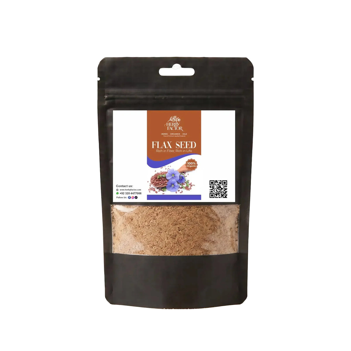 Black stand-up window pouch package displaying pure raw Flaxseeds Linum usitatissimum Alsi powder by Herby Factor Pakistan