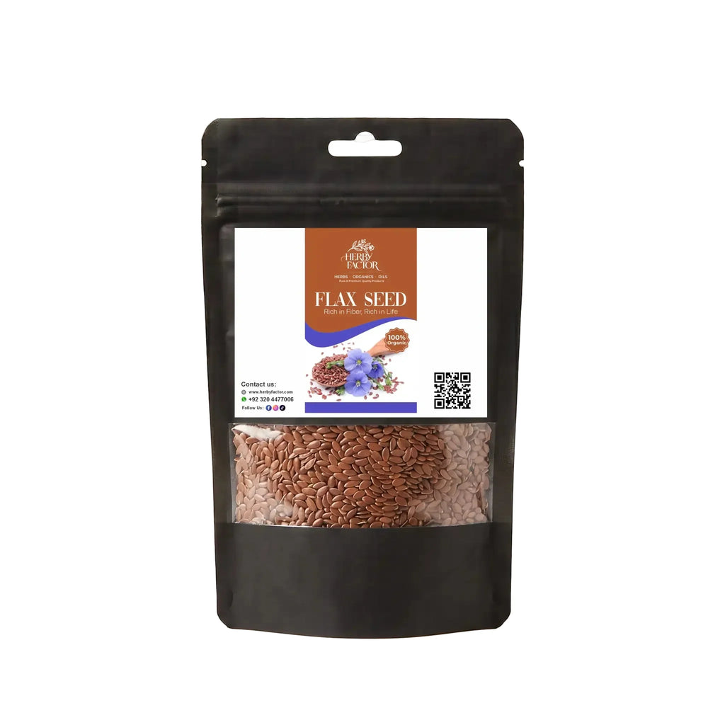 Black stand-up window pouch package displaying pure raw Flaxseeds Linum usitatissimum Alsi by Herby Factor Pakistan