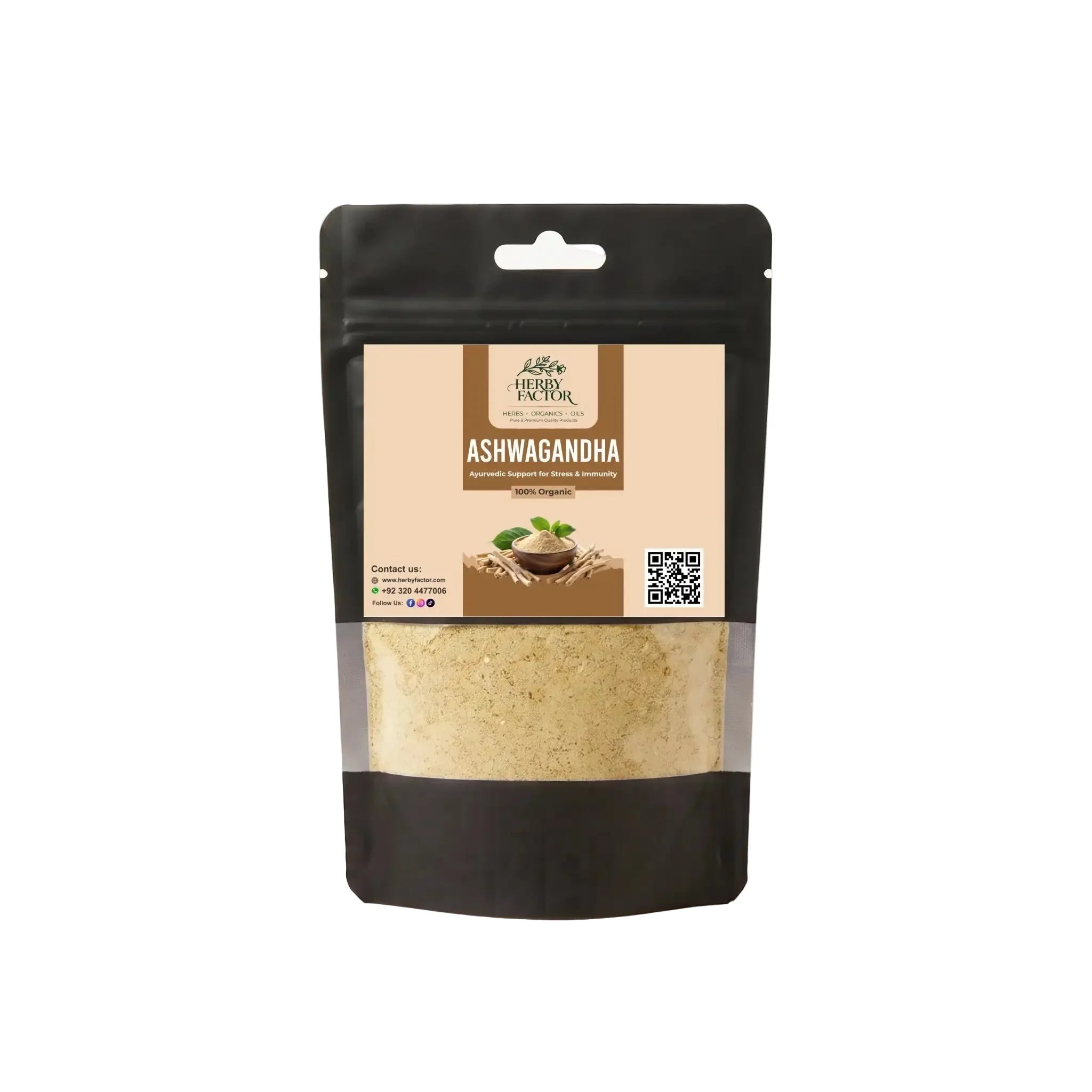 A Black stand-up pouch with clear window displaying pure raw Ashwagandha Root powder Withania somnifera Asgandh Nagori by Herby Factor Pakistan