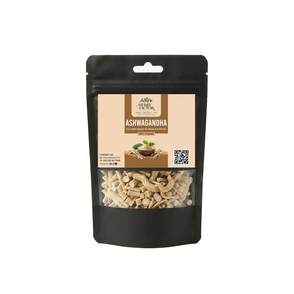 A Black stand-up pouch with clear window displaying pure raw Ashwagandha Root Withania somnifera Asgandh Nagori by Herby Factor Pakistan