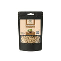 A Black stand-up pouch with clear window displaying pure raw Ashwagandha Root Withania somnifera Asgandh Nagori by Herby Factor Pakistan