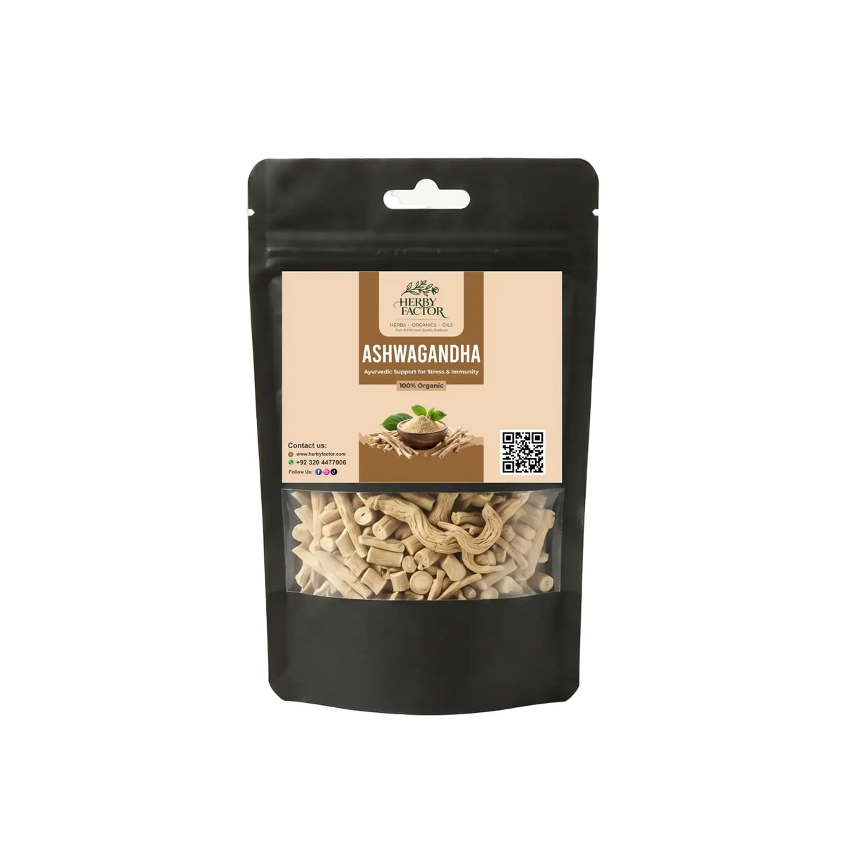 A Black stand-up pouch with clear window displaying pure raw Ashwagandha Root Withania somnifera Asgandh Nagori by Herby Factor Pakistan