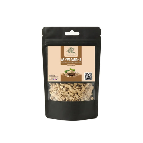 A Black stand-up pouch with clear window displaying pure raw Ashwagandha Root Withania somnifera Asgandh Nagori by Herby Factor Pakistan