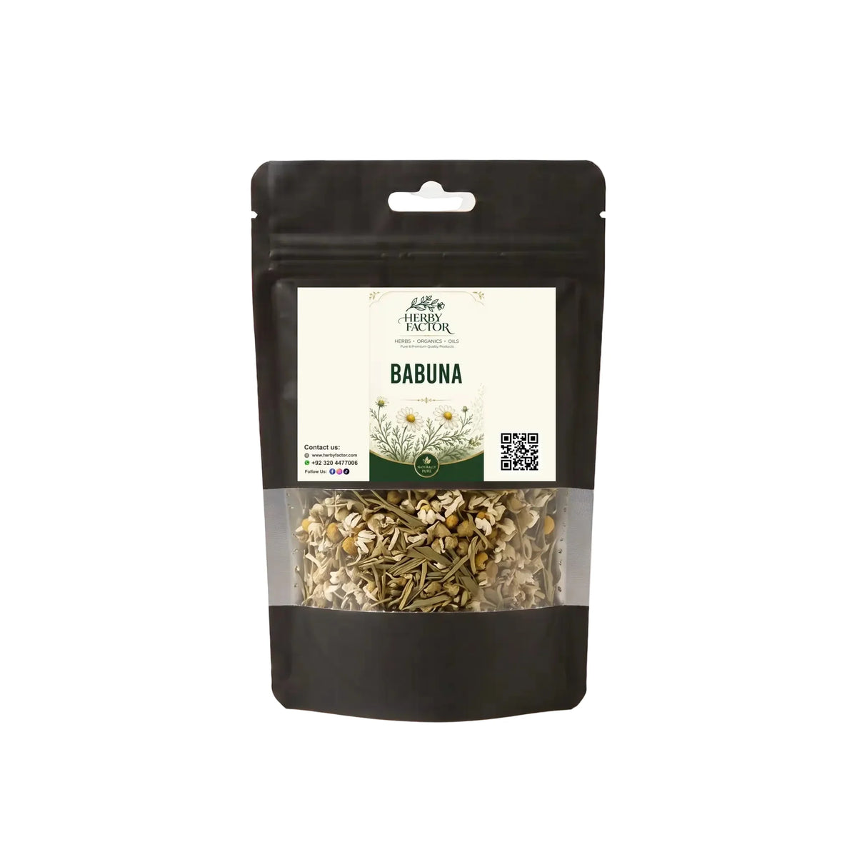 A black stand-up pouch package of Herby Factor  'Babuna' dried flowers, shown on a clean white background with a clear window displaying the herbal contents.