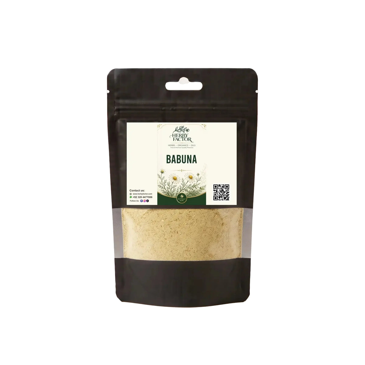 A black stand-up pouch package of Herbay Factor Babuna, featuring a clear window showing the light tan herbal powder inside, set against a plain white background.