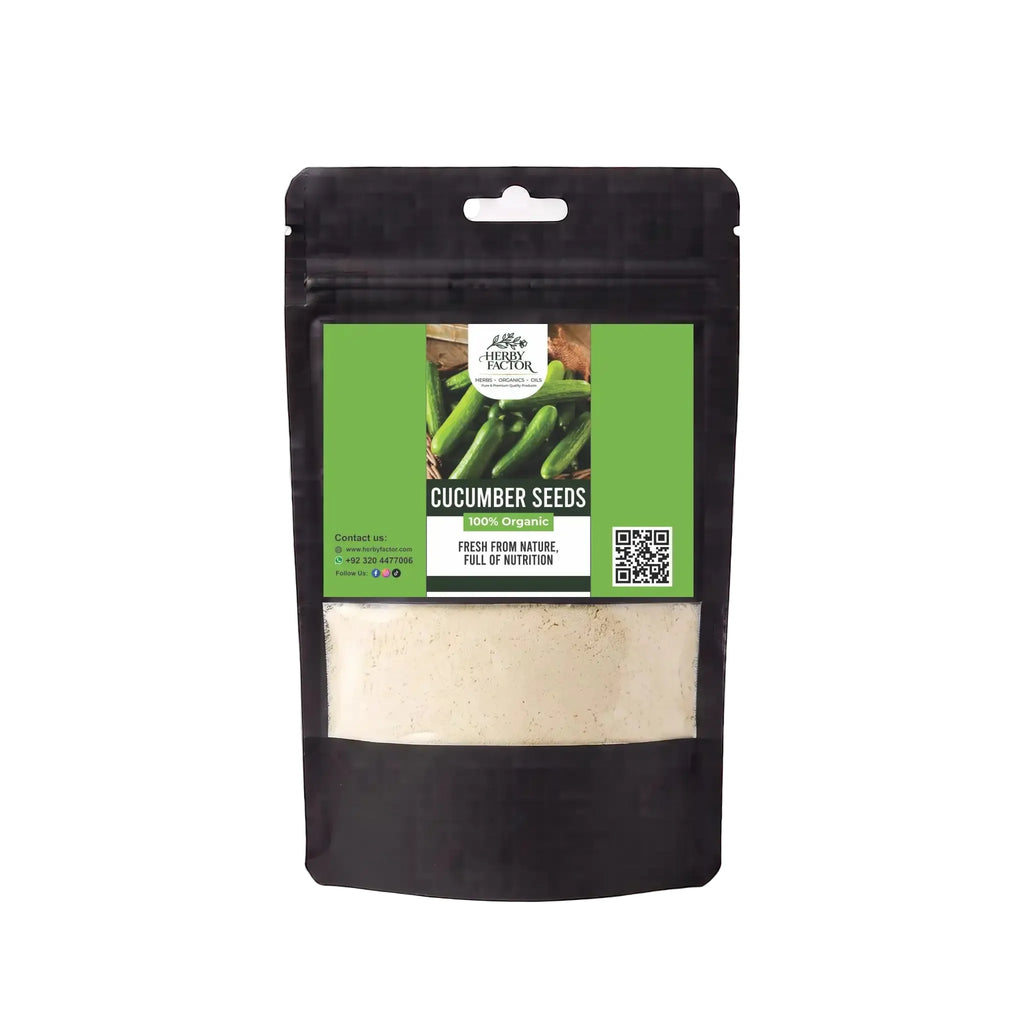 A black stand-up pouch of Herby Factor Cucumber Seeds, featuring a green label and a clear window showing the light beige seeds inside, set against a plain white background.