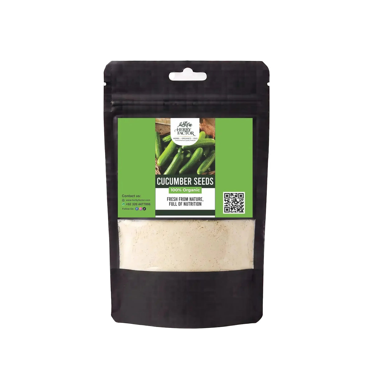 A black stand-up pouch of Herby Factor Cucumber Seeds, featuring a green label and a clear window showing the light beige seeds inside, set against a plain white background.